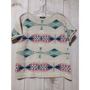Chaps Sweater Ladies Large Linen Blend Cream‎ Turquoise Aztec Short Sleeve
